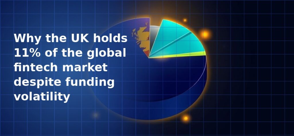 3D pie chart with a small teal slice separated from a large dark navy globe-textured segment with glowing gold accents on a dark navy blue grid background, representing a global market share breakdown