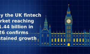 Illustration of the Houses of Parliament and Big Ben clock tower in blue tones with glowing gold window lights on a dark navy blue grid background