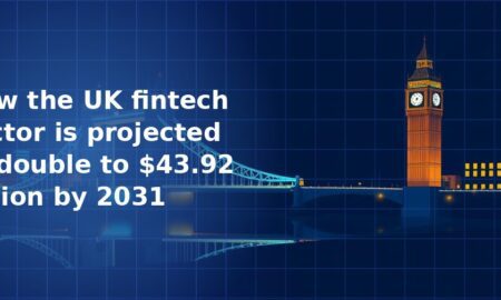 Illustration of Big Ben and a London suspension bridge illuminated in amber and gold tones against a deep navy blue grid background at night