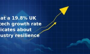 Illustration of a bold gold upward-pointing arrow breaking through blue clouds on a dark navy blue grid background, symbolising strong industry growth momentum