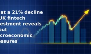 Candlestick and bar chart showing market volatility with a glowing gold upward-trending arrow on a dark navy blue grid background, representing investment fluctuations