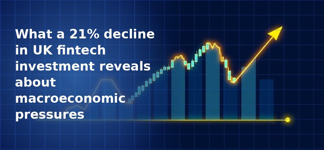 Candlestick and bar chart showing market volatility with a glowing gold upward-trending arrow on a dark navy blue grid background, representing investment fluctuations