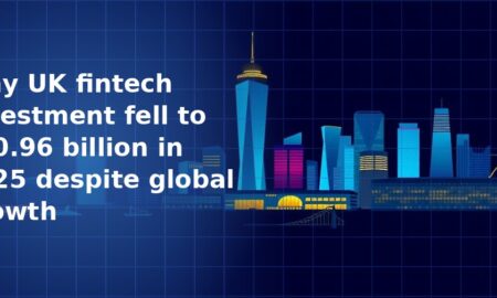 Illustration of a modern city financial district skyline with tall skyscrapers in shades of blue, purple and gold on a dark navy blue grid background