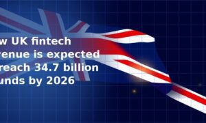 Stylised illustration of a waving Union Jack flag in red, white and blue set diagonally across a dark navy blue grid background