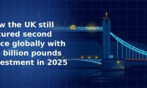 Illustration of Tower Bridge in blue tones with amber lights along its base and cables reflected in the water below, on a dark navy blue grid background