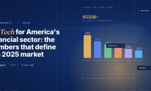 Editorial illustration of the US fintech market, a gold 530 billion dollar headline figure with a horizontal bar chart showing six coloured revenue segments labelled Payments, Lending, Wealth, Insurtech, Infra and Regtech, over a dashed US silhouette backdrop