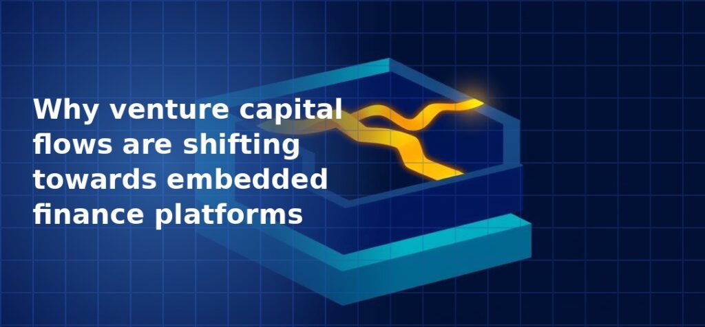 3D isometric illustration of a blue layered hexagonal platform with a glowing gold flowing line passing through it on a dark navy blue grid background, symbolising embedded finance capital flows