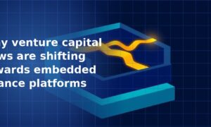 3D isometric illustration of a blue layered hexagonal platform with a glowing gold flowing line passing through it on a dark navy blue grid background, symbolising embedded finance capital flows
