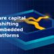 3D isometric illustration of a blue layered hexagonal platform with a glowing gold flowing line passing through it on a dark navy blue grid background, symbolising embedded finance capital flows