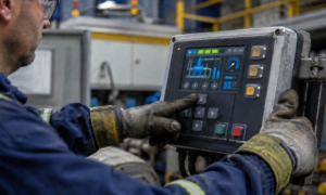 Worker using gloved operation on rugged industrial HMI panel