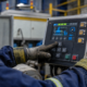 Worker using gloved operation on rugged industrial HMI panel