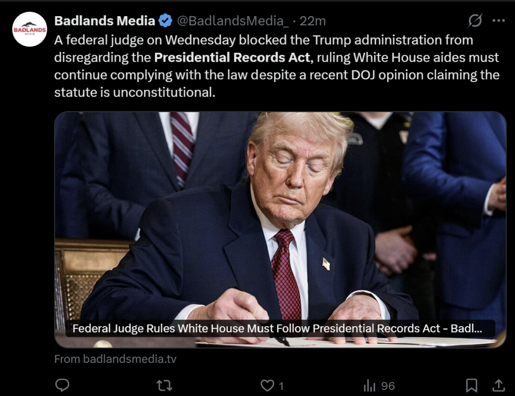 A federal judge on Wednesday blocked the Trump administration from disregarding the Presidential Records Act