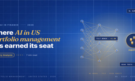 Editorial card hero for AI in US portfolio management in 2026: a layered neural network feeding a portfolio basket with gold asset wedges over a navy gradient.