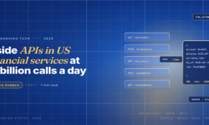 Editorial hero for APIs in US financial services: a stack of REST endpoint cards feeding a JSON response panel.