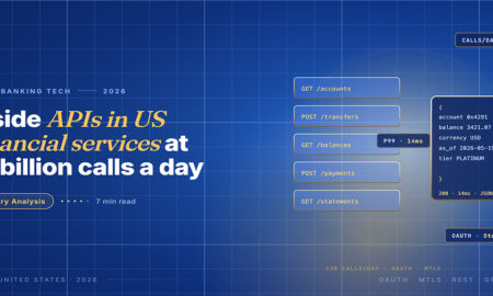 Editorial hero for APIs in US financial services: a stack of REST endpoint cards feeding a JSON response panel.