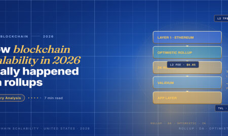 Editorial hero for US blockchain scalability 2026: vertical layered stack diagram showing L1 Ethereum, optimistic rollup, ZK rollup, validium and app layer.