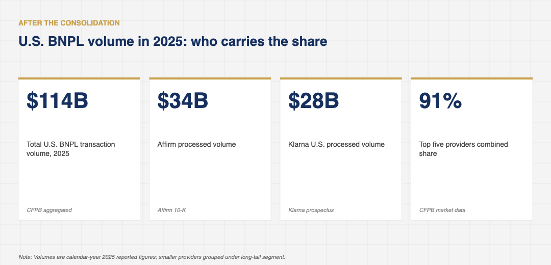 Stat-card grid of 2025 U.S. BNPL market: $114 billion total volume, $34 billion at Affirm, $28 billion at Klarna U.S., and 91 percent share concentrated in the top five providers.