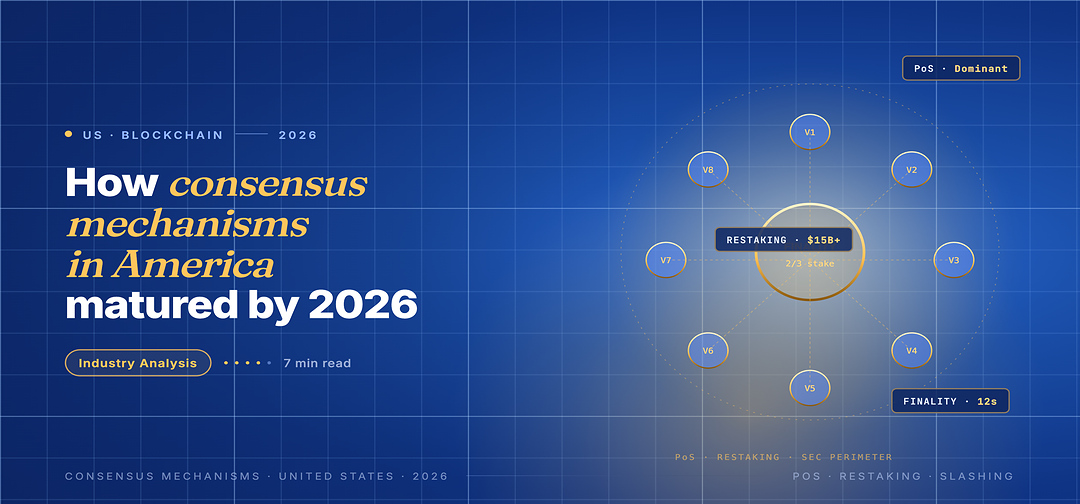 Editorial hero for consensus mechanisms in America 2026: central FINALITY 2/3 stake node surrounded by 8 validator nodes V1 to V8.