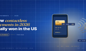 Editorial hero for US contactless payments 2026: smartphone with VISA card on screen and four expanding gold NFC arcs feeding a terminal.