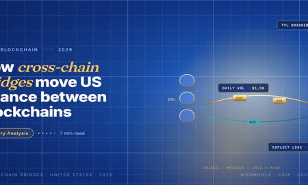 Editorial card hero for cross-chain bridges in US finance 2026: an Ethereum chain stack on the left linked to a Solana chain stack on the right by a gold bridge carrying USDC and WSOL packets.