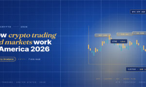 Editorial hero for crypto trading and markets in America 2026: gold and teal candlestick chart with three floating ETF callout pills for IBIT, ETHE and SOL.
