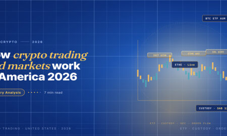 Editorial hero for crypto trading and markets in America 2026: gold and teal candlestick chart with three floating ETF callout pills for IBIT, ETHE and SOL.
