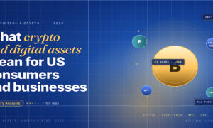 Navy editorial card showing a gold Bitcoin style coin with a circuit pattern, headline reads crypto and digital assets for US consumers and businesses.