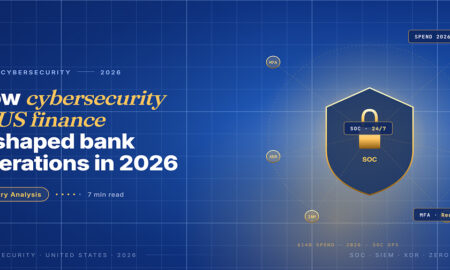 Editorial hero for US cybersecurity in finance 2026: navy shield with gold padlock surrounded by node tags for MFA, SIEM, EDR, XDR, IAM and DLP capabilities.