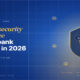 Editorial hero for US cybersecurity in finance 2026: navy shield with gold padlock surrounded by node tags for MFA, SIEM, EDR, XDR, IAM and DLP capabilities.
