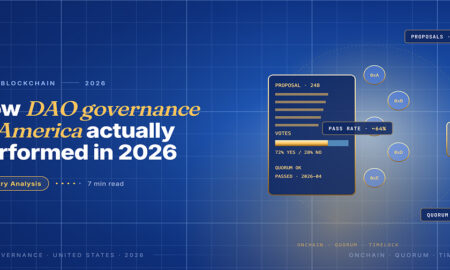 Editorial hero for DAO governance in America 2026: navy proposal panel with 72 percent yes votes feeding an EXECUTE on-chain box.