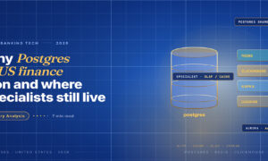 Editorial hero for databases in US finance 2026: classic gold cylinder Postgres icon flanked by specialist store cards for Redis, ClickHouse, Kafka and DuckDB.