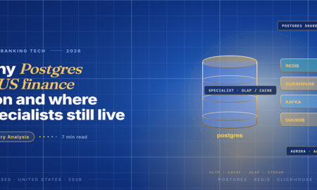 Editorial hero for databases in US finance 2026: classic gold cylinder Postgres icon flanked by specialist store cards for Redis, ClickHouse, Kafka and DuckDB.