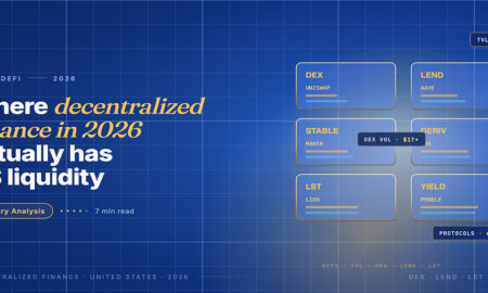 Editorial hero for US decentralized finance 2026: grid of six protocol category cards labelled DEX Uniswap, LEND Aave, STABLE Maker, DERIV GMX, LST Lido, YIELD Pendle.