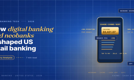 Editorial hero for US digital banking and neobanks 2026: smartphone showing a neobank app with a 3421 dollar checking balance and tap-to-pay status.