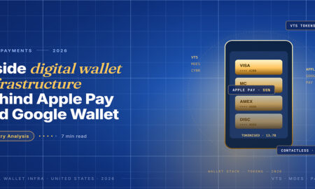 Editorial card hero for US digital wallet infrastructure in 2026: a smartphone with a stack of card layers and gold token plus passkey labels surrounding it.