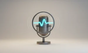 Magnifying-glass microphone with glowing audio waveform on a soft neutral background, symbolizing AI voice search optimization.
