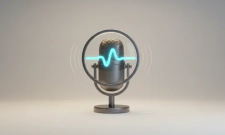Magnifying-glass microphone with glowing audio waveform on a soft neutral background, symbolizing AI voice search optimization.