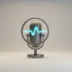 Magnifying-glass microphone with glowing audio waveform on a soft neutral background, symbolizing AI voice search optimization.