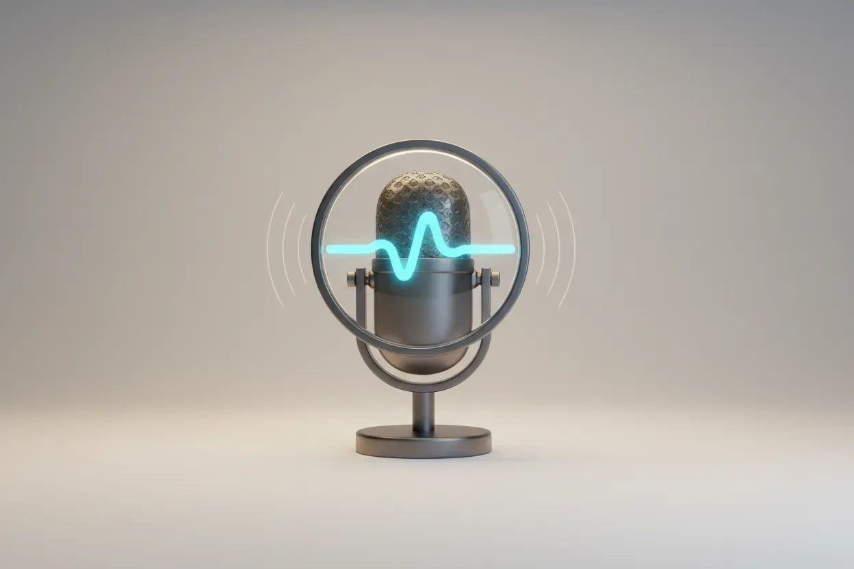 Magnifying-glass microphone with glowing audio waveform on a soft neutral background, symbolizing AI voice search optimization.