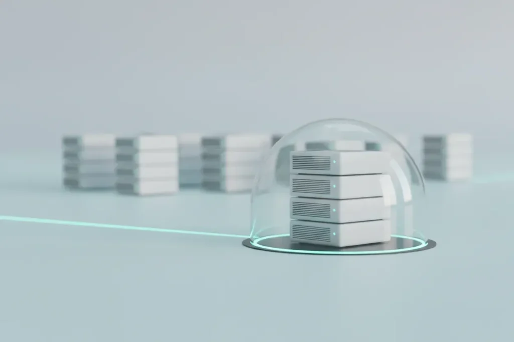 Isolated server under a clear dome with blurred cluster behind, representing canary release risk mitigation.