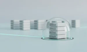 Isolated server under a clear dome with blurred cluster behind, representing canary release risk mitigation.