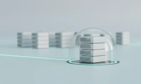 Isolated server under a clear dome with blurred cluster behind, representing canary release risk mitigation.