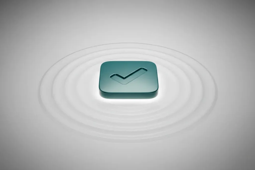 Glowing app tile with a checkmark and concentric ripples on a soft gradient, symbolizing staged software adoption.