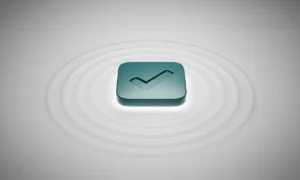 Glowing app tile with a checkmark and concentric ripples on a soft gradient, symbolizing staged software adoption.