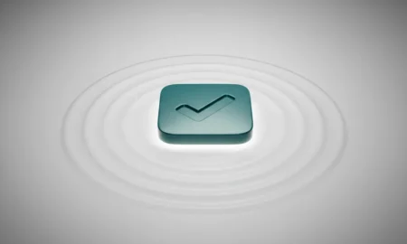 Glowing app tile with a checkmark and concentric ripples on a soft gradient, symbolizing staged software adoption.