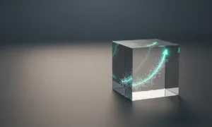 Transparent glass cube with a glowing upward line graph, symbolizing fintech-driven business valuation growth.