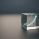 Transparent glass cube with a glowing upward line graph, symbolizing fintech-driven business valuation growth.