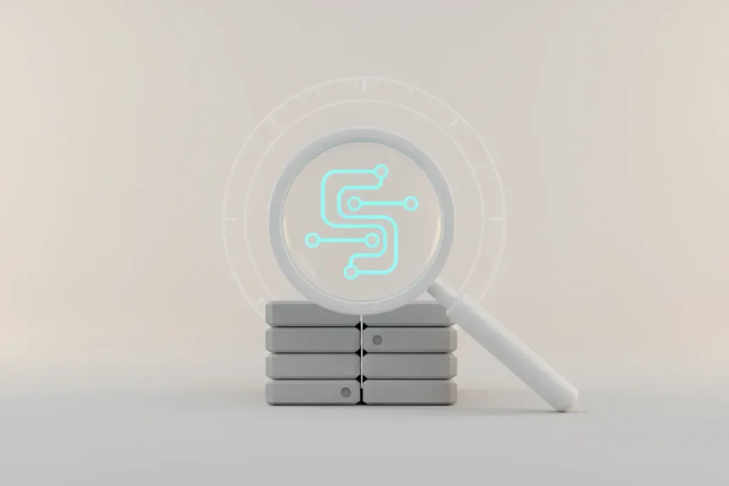 Magnifying glass reveals a glowing path through stacked software modules, implying faster troubleshooting, on a soft gray background.