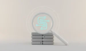 Magnifying glass reveals a glowing path through stacked software modules, implying faster troubleshooting, on a soft gray background.