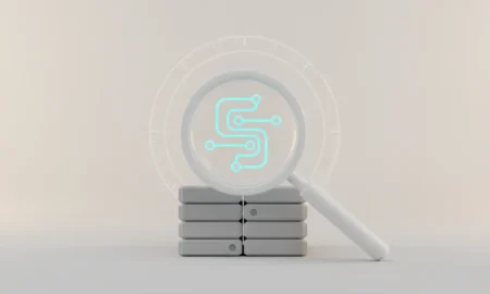 Magnifying glass reveals a glowing path through stacked software modules, implying faster troubleshooting, on a soft gray background.